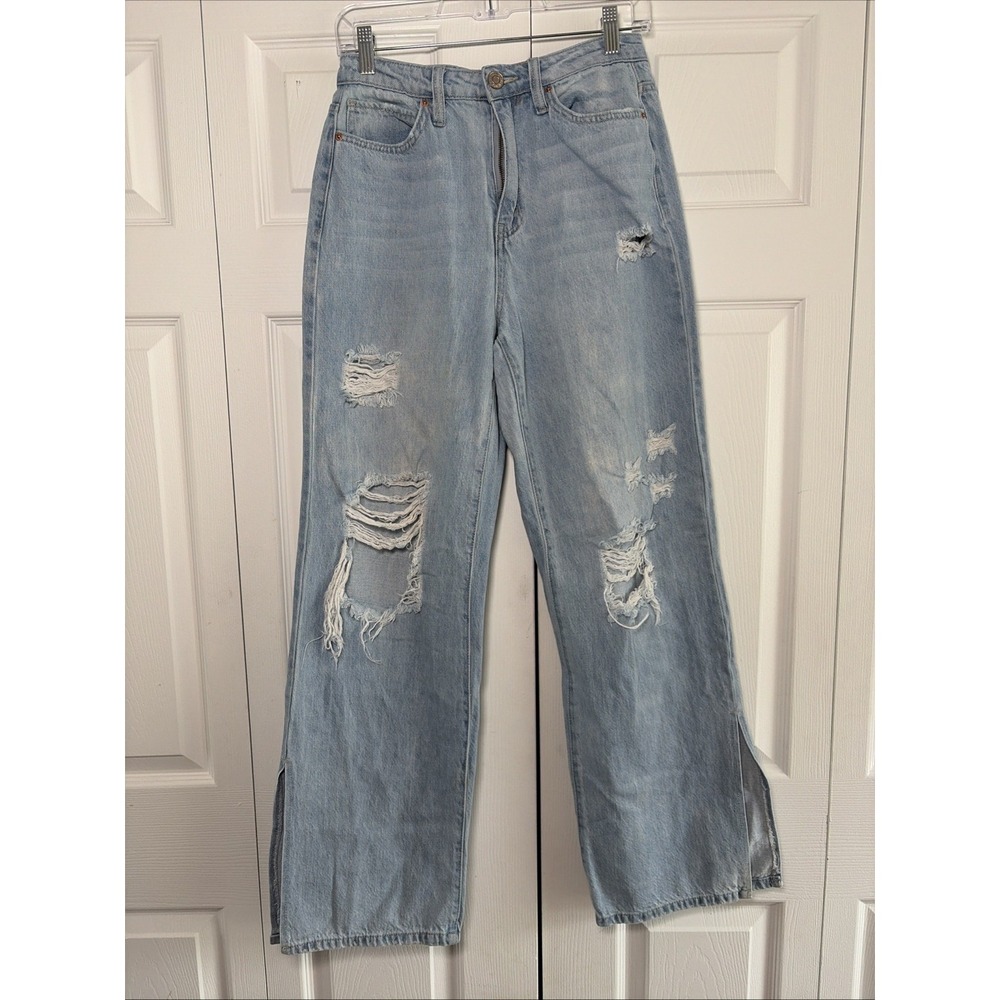 YMI Dream Wide Leg Jeans Womens Size 7 28 Light Wash Distressed Ripped Side Slit